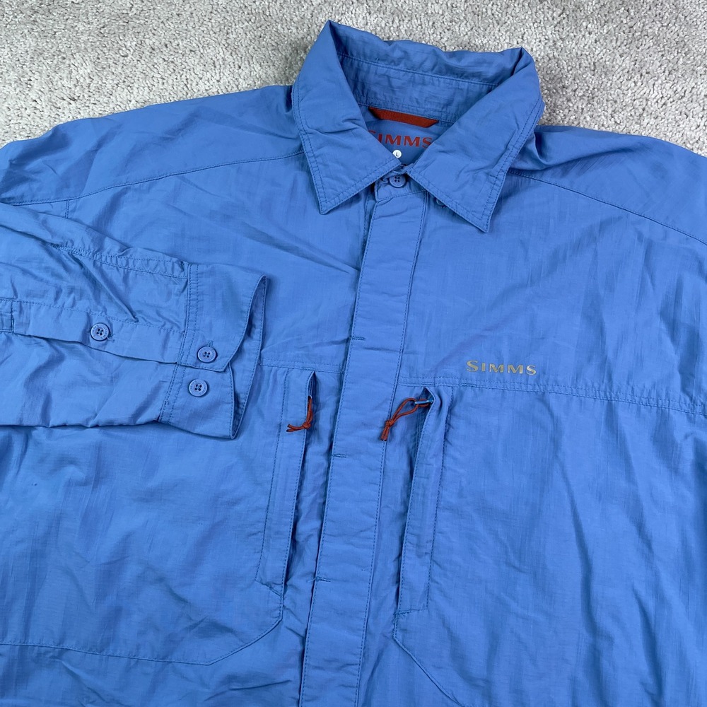 Simms Fishing Shirt Mens Large Blue Long Sleeve No Fly Zone Performance Outdoor